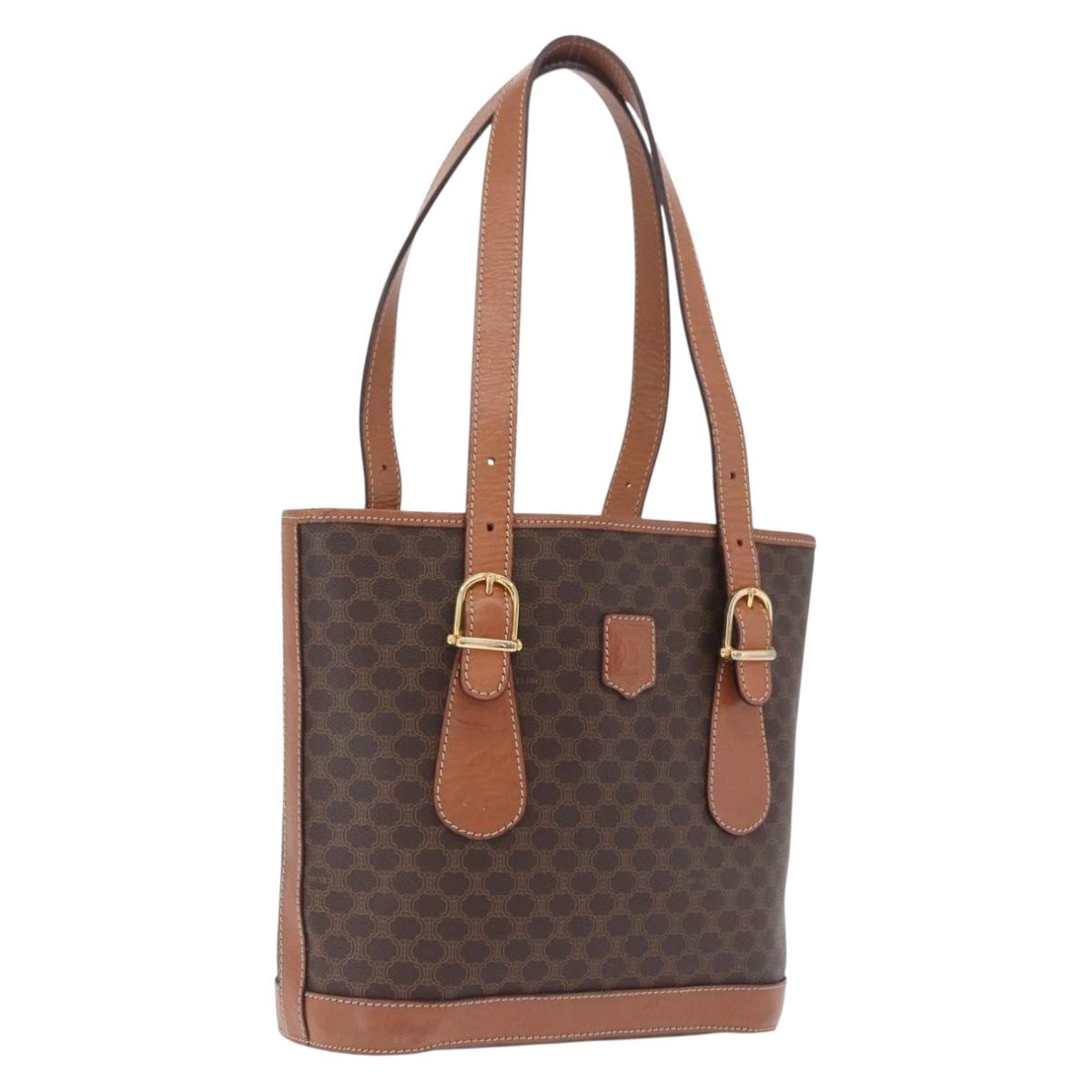 CELINE Macadam Canvas Tote Bag PVC Leather Brown Gold Auth ka6921