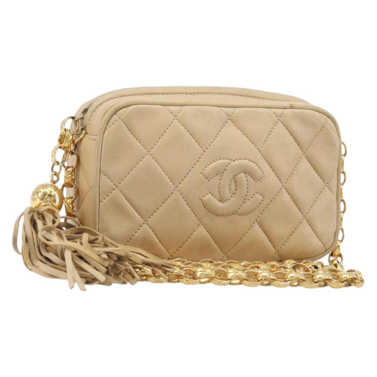 CHANEL Matelasse Chain Shoulder Bag Lamb Skin Beige Gold CC Auth ka6924A