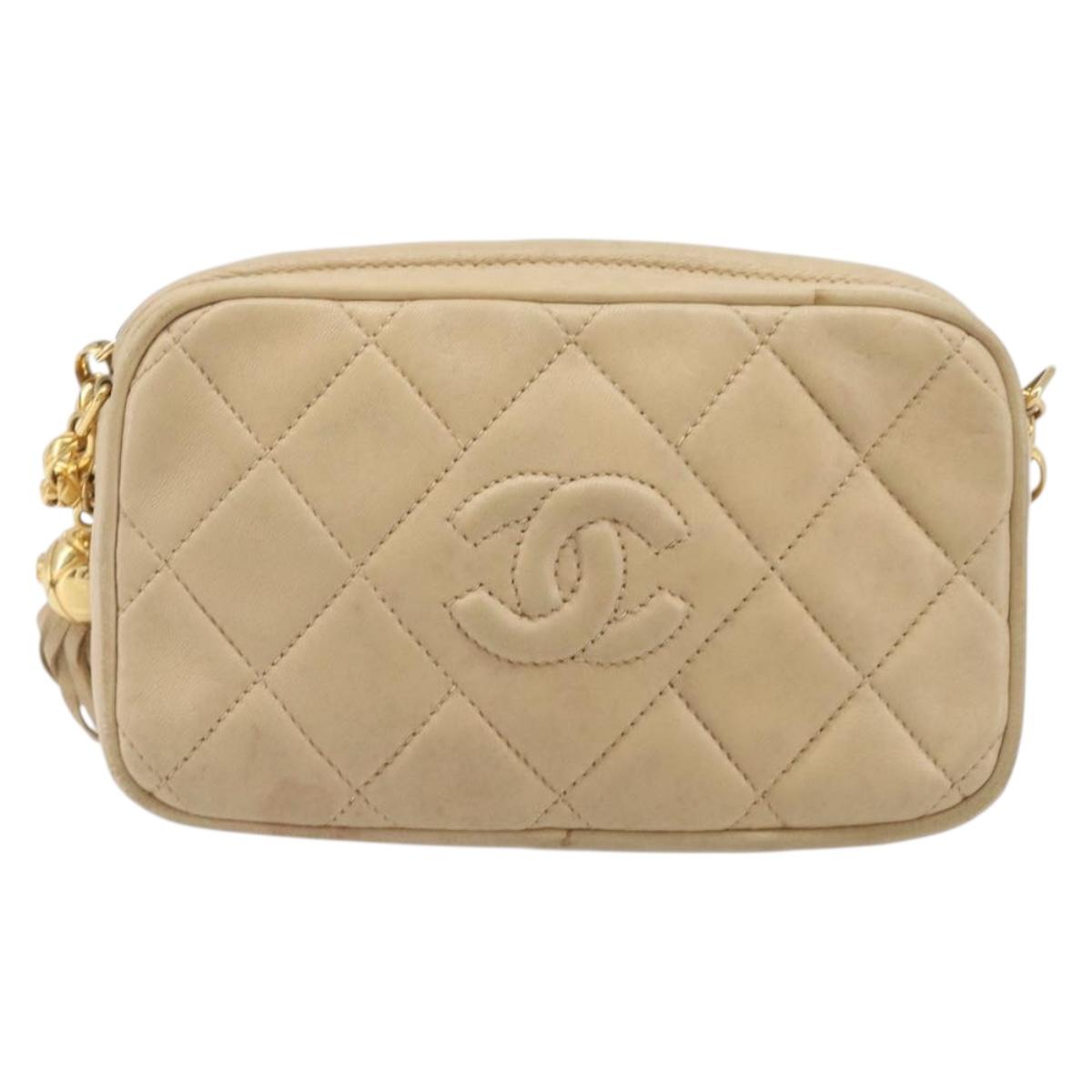 CHANEL Matelasse Chain Shoulder Bag Lamb Skin Beige Gold CC Auth ka6924A