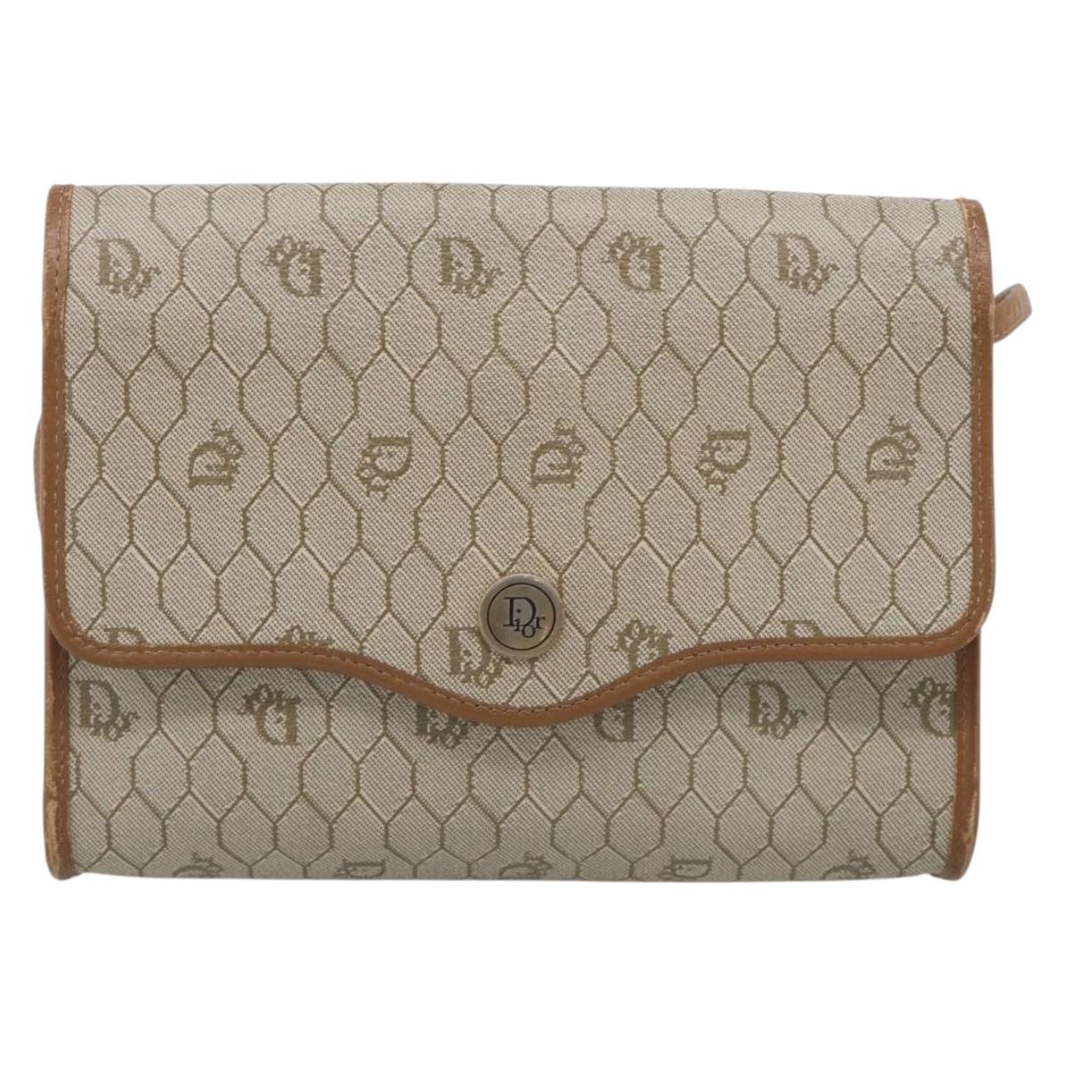 Christian Dior Honeycomb Canvas Shoulder Bag PVC Beige Gold Auth ka6925