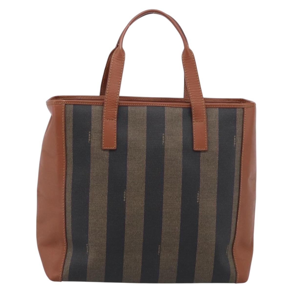 FENDI Pequin Canvas Hand Bag PVC Black Brown Auth ka6932