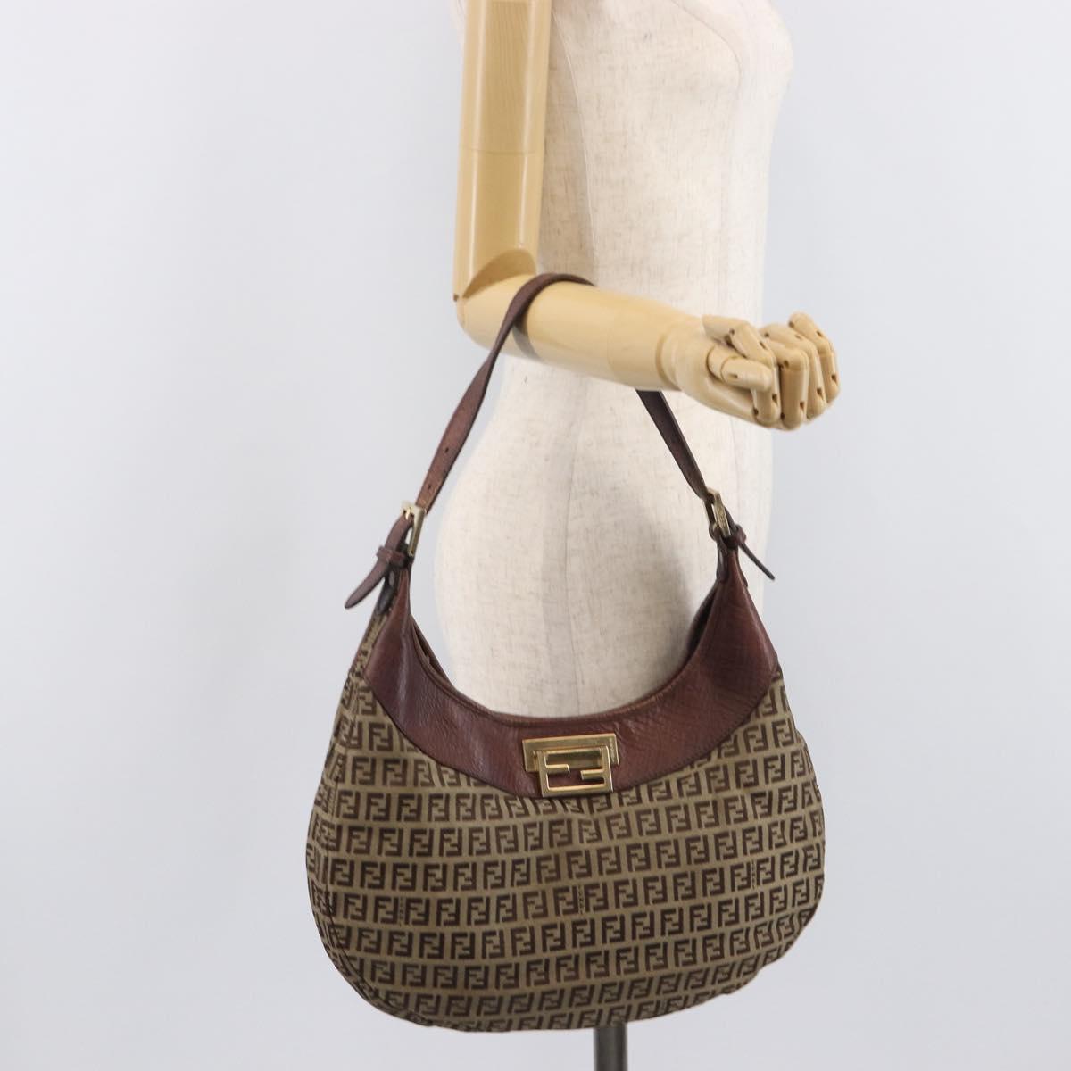 FENDI Zucchino Canvas Shoulder Bag Beige Gold 8BR552 Auth ka6934A