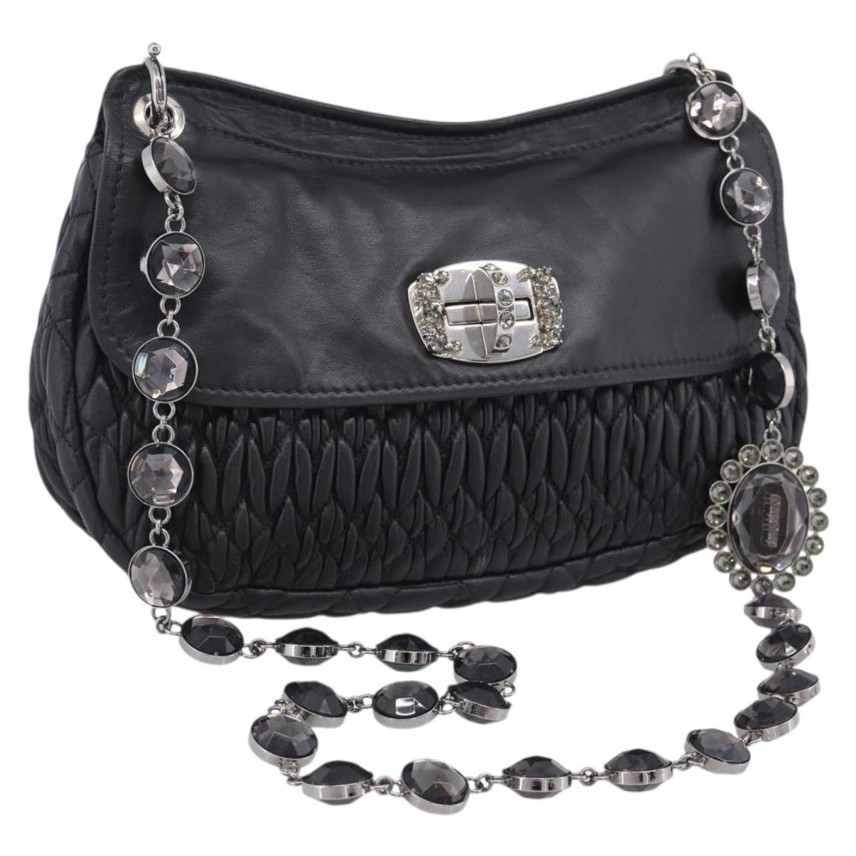 Miu Miu Matelasse Chain Shoulder Bag Leather Black Silver Auth ka6947V
