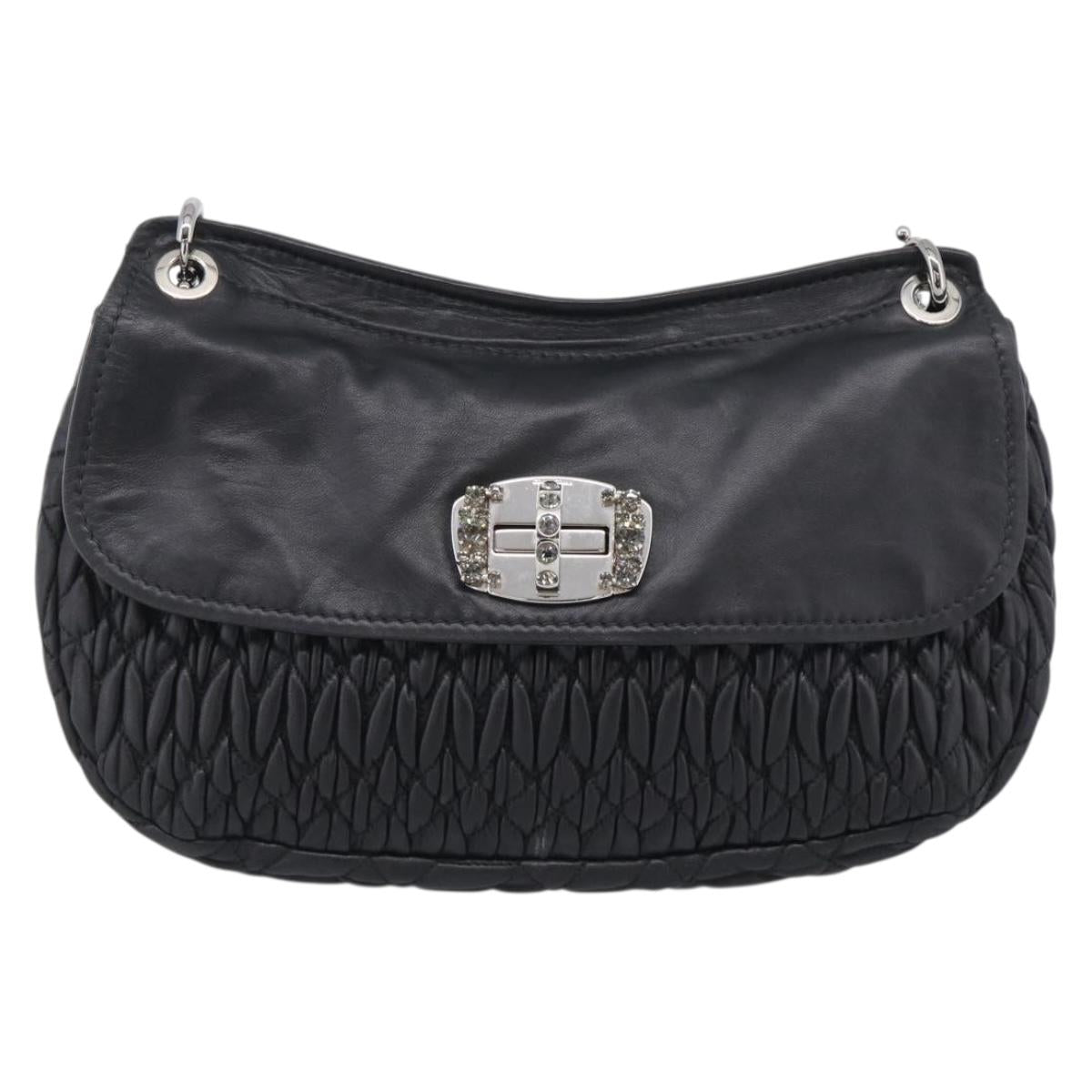 Miu Miu Matelasse Chain Shoulder Bag Leather Black Silver Auth ka6947V
