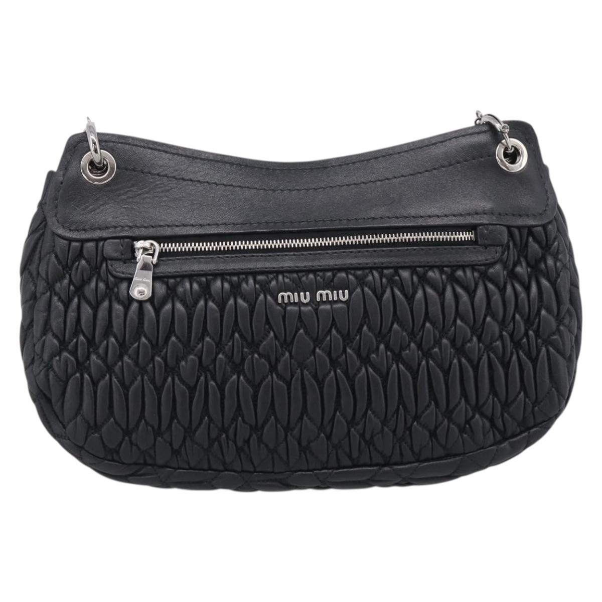 Miu Miu Matelasse Chain Shoulder Bag Leather Black Silver Auth ka6947V