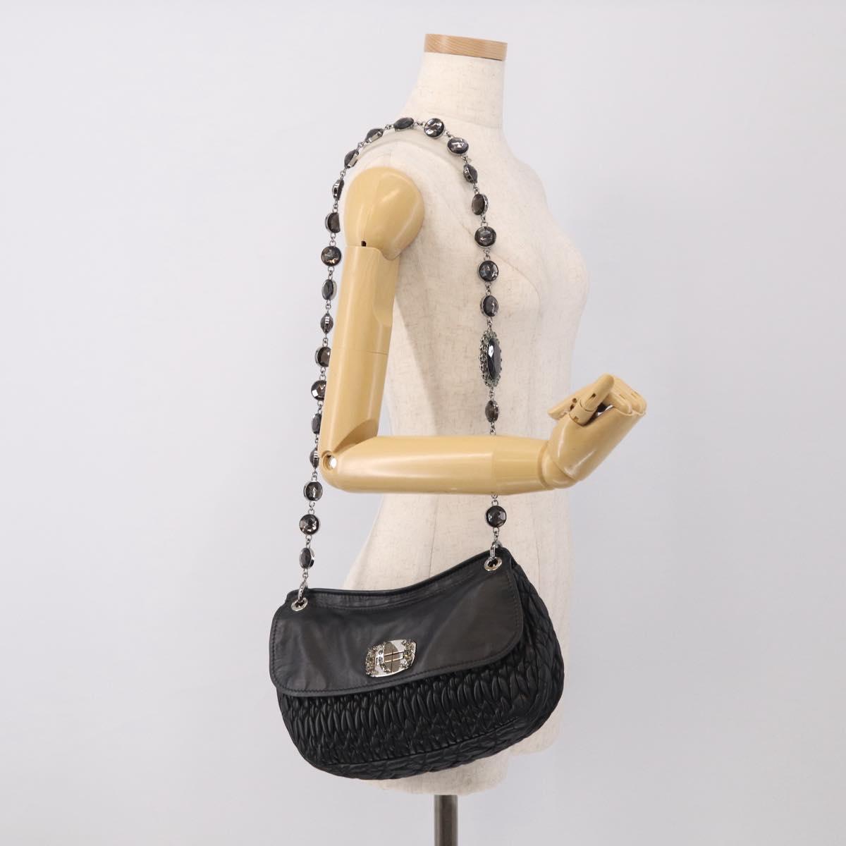 Miu Miu Matelasse Chain Shoulder Bag Leather Black Silver Auth ka6947V