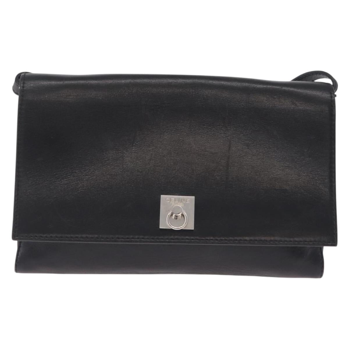 CELINE Shoulder Bag Leather Black Silver Auth ka6958