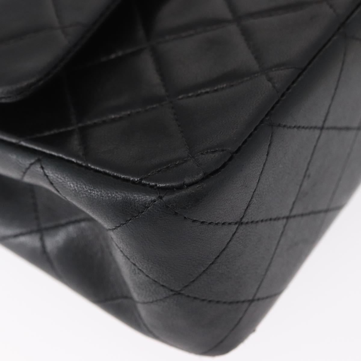 CHANEL Matelasse 25 Double Flap Chain Bag Lamb Skin Black Gold CC Auth ka695SV