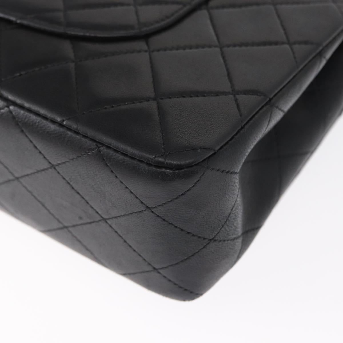 CHANEL Matelasse 25 Double Flap Chain Bag Lamb Skin Black Gold CC Auth ka695SV