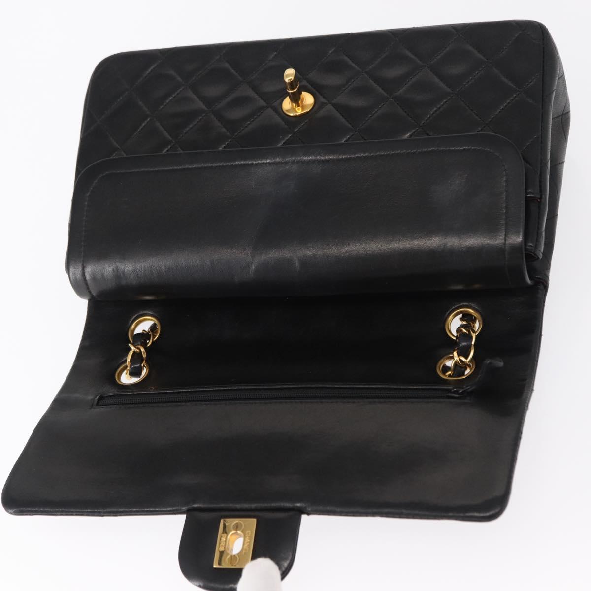 CHANEL Matelasse 25 Double Flap Chain Bag Lamb Skin Black Gold CC Auth ka695SV