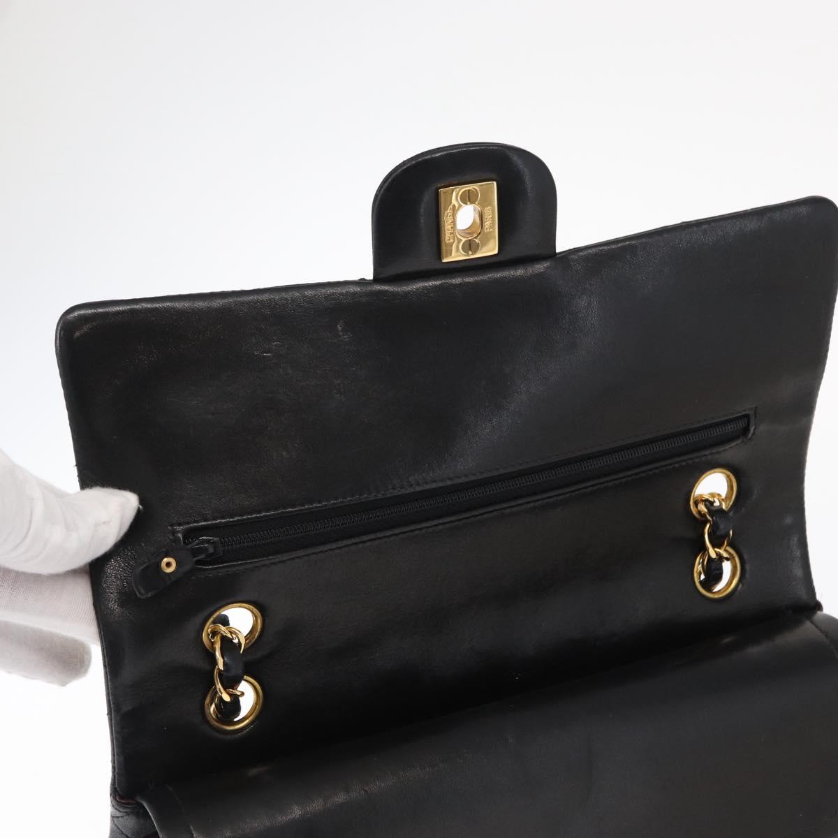 CHANEL Matelasse 25 Double Flap Chain Bag Lamb Skin Black Gold CC Auth ka695SV