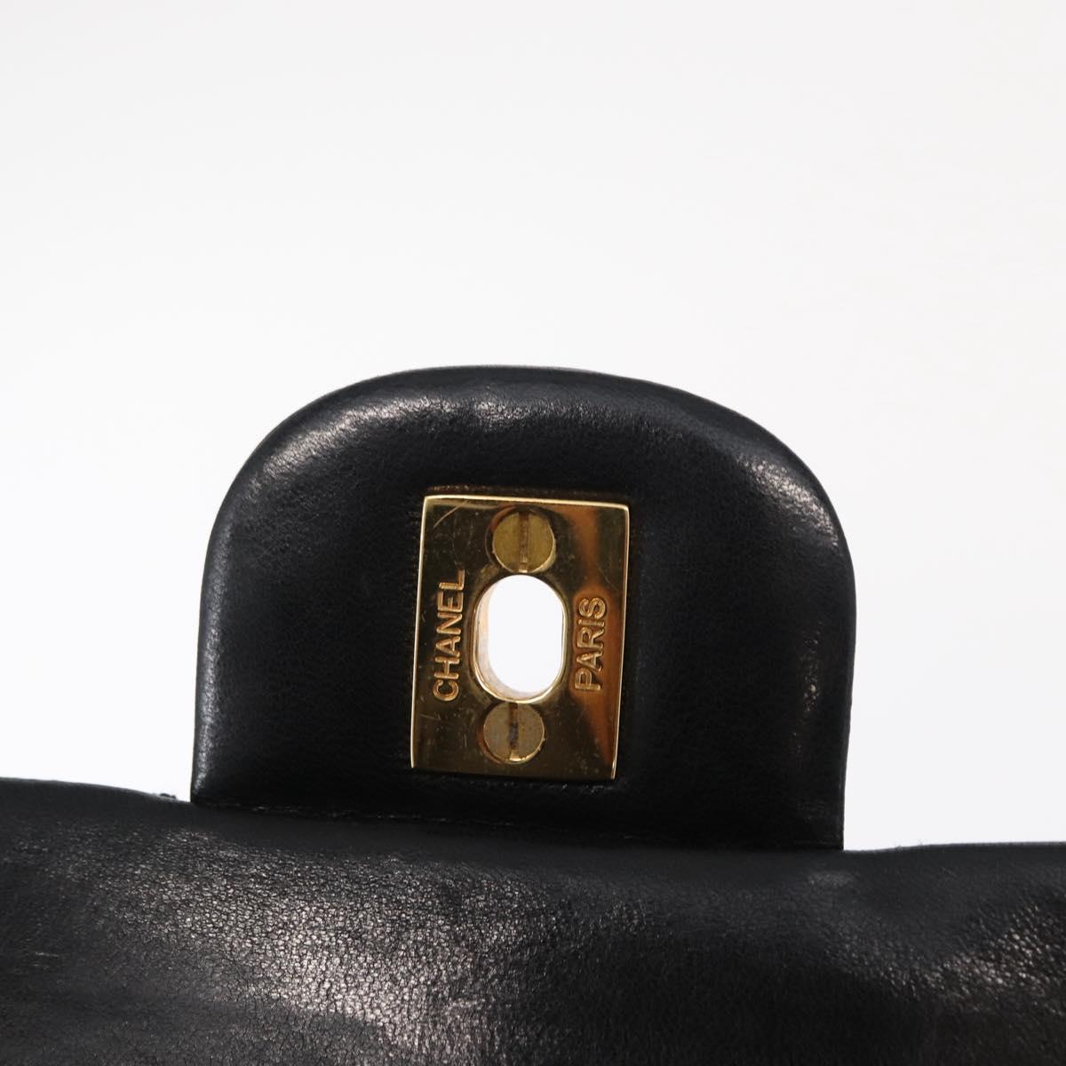 CHANEL Matelasse 25 Double Flap Chain Bag Lamb Skin Black Gold CC Auth ka695SV