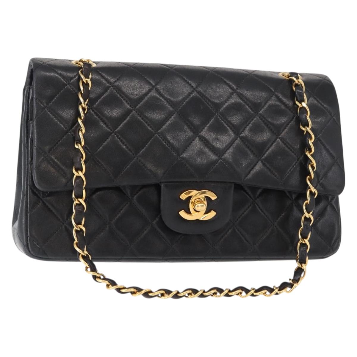 CHANEL Matelasse 25 Double Flap Chain Bag Lamb Skin Black Gold CC Auth ka695SV