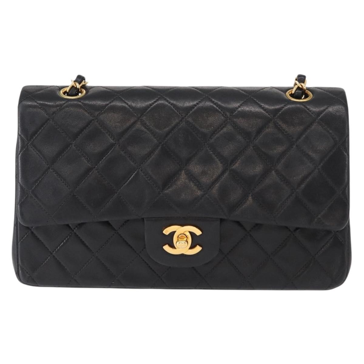 CHANEL Matelasse 25 Double Flap Chain Bag Lamb Skin Black Gold CC Auth ka695SV