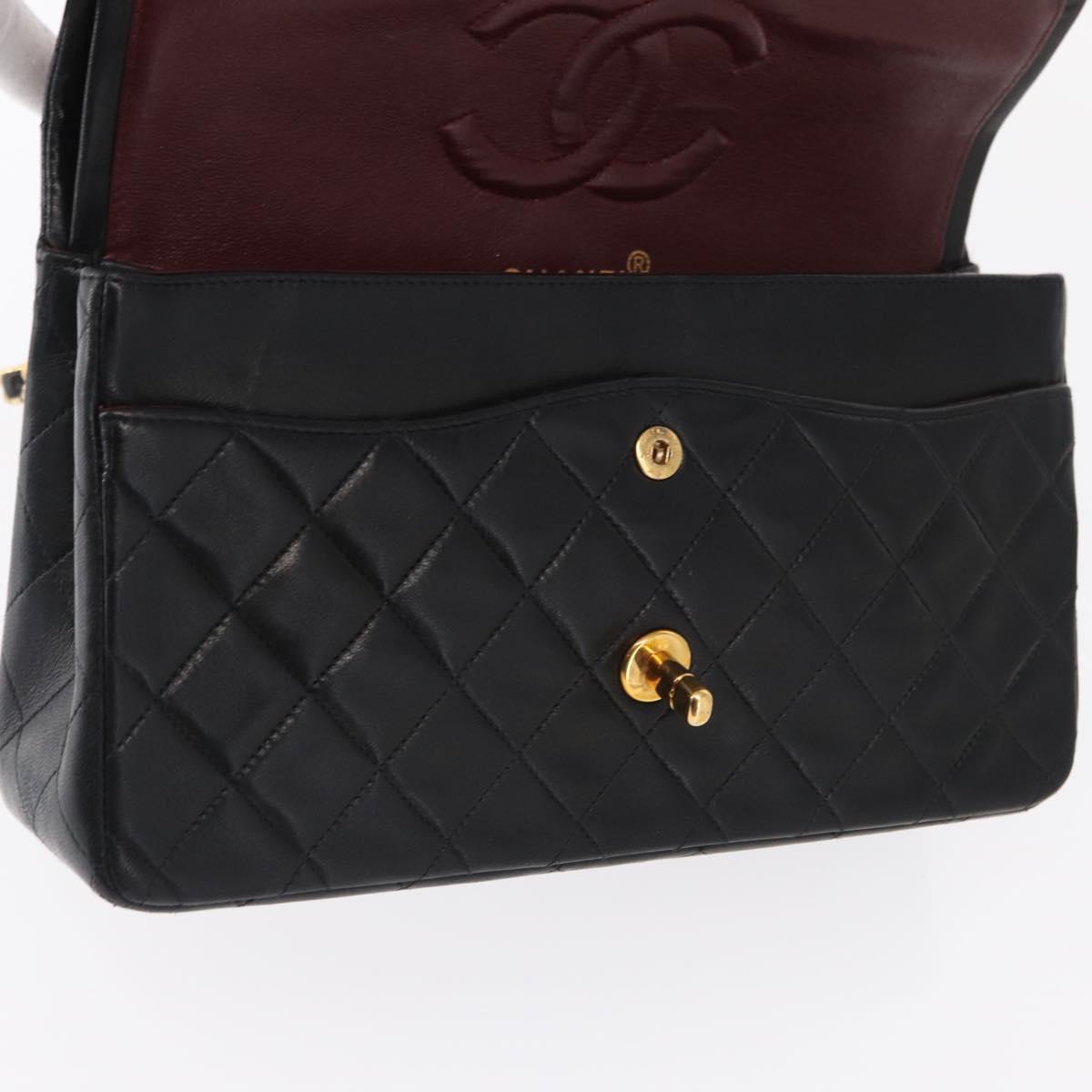 CHANEL Matelasse 25 Double Flap Chain Bag Lamb Skin Black Gold CC Auth ka695SV