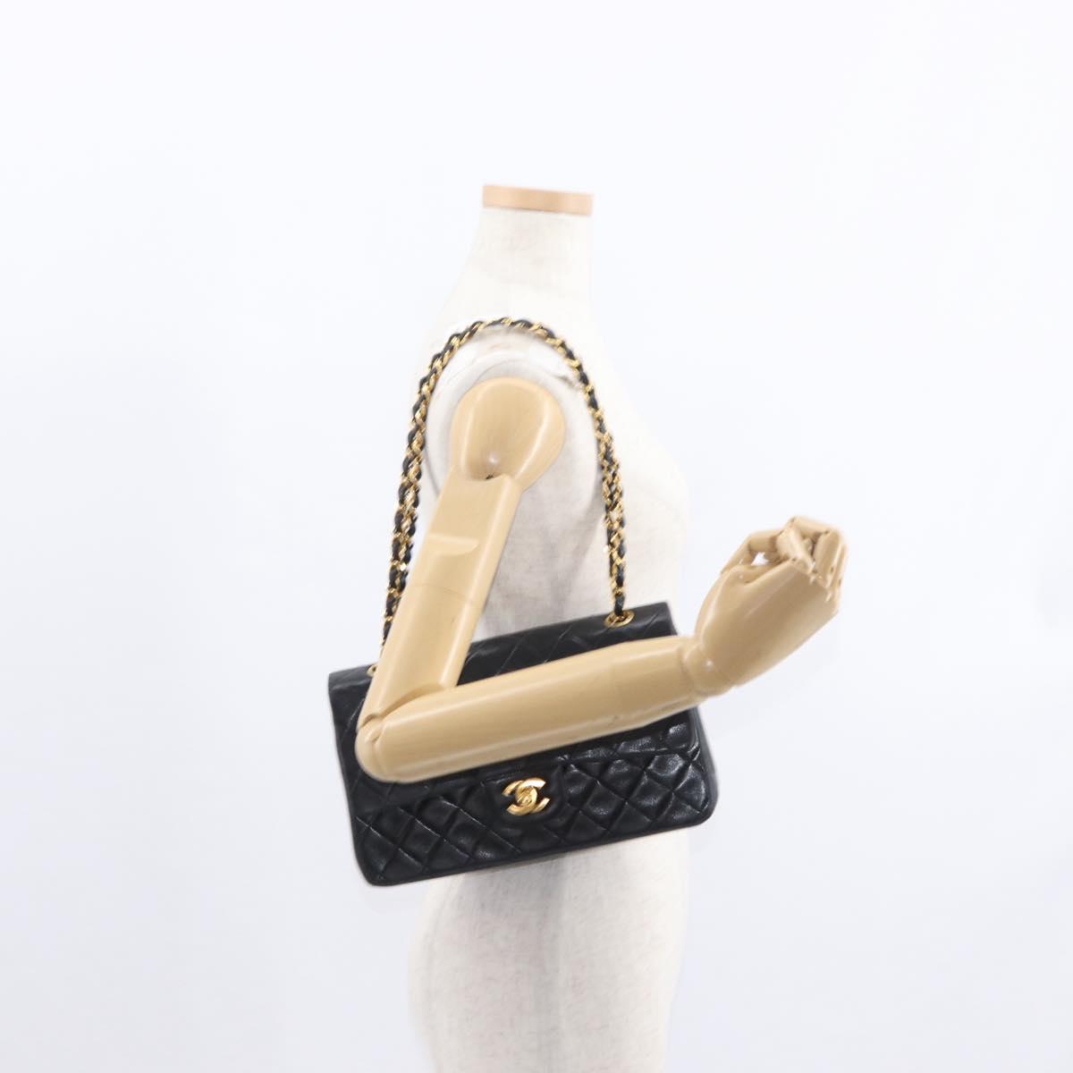 CHANEL Matelasse 25 Double Flap Chain Bag Lamb Skin Black Gold CC Auth ka695SV