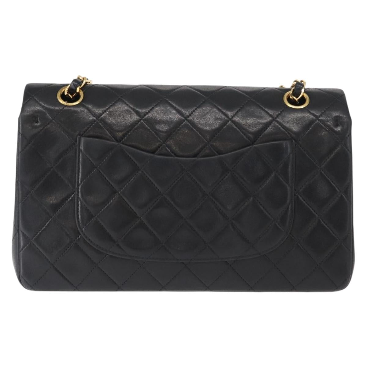CHANEL Matelasse 25 Double Flap Chain Bag Lamb Skin Black Gold CC Auth ka695SV