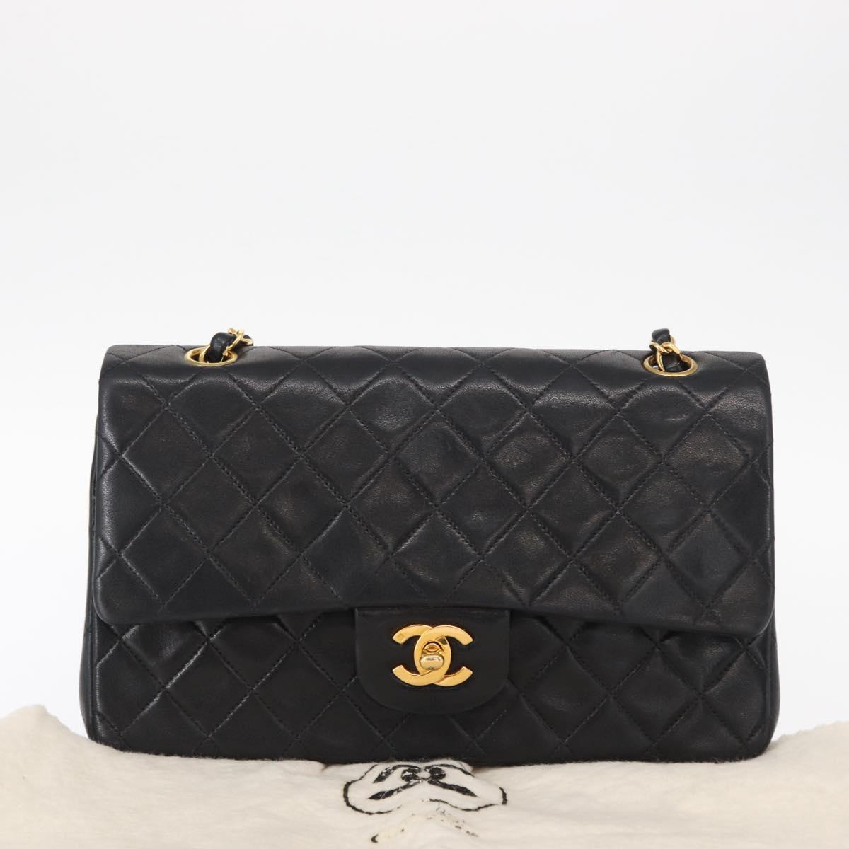 CHANEL Matelasse 25 Double Flap Chain Bag Lamb Skin Black Gold CC Auth ka695SV