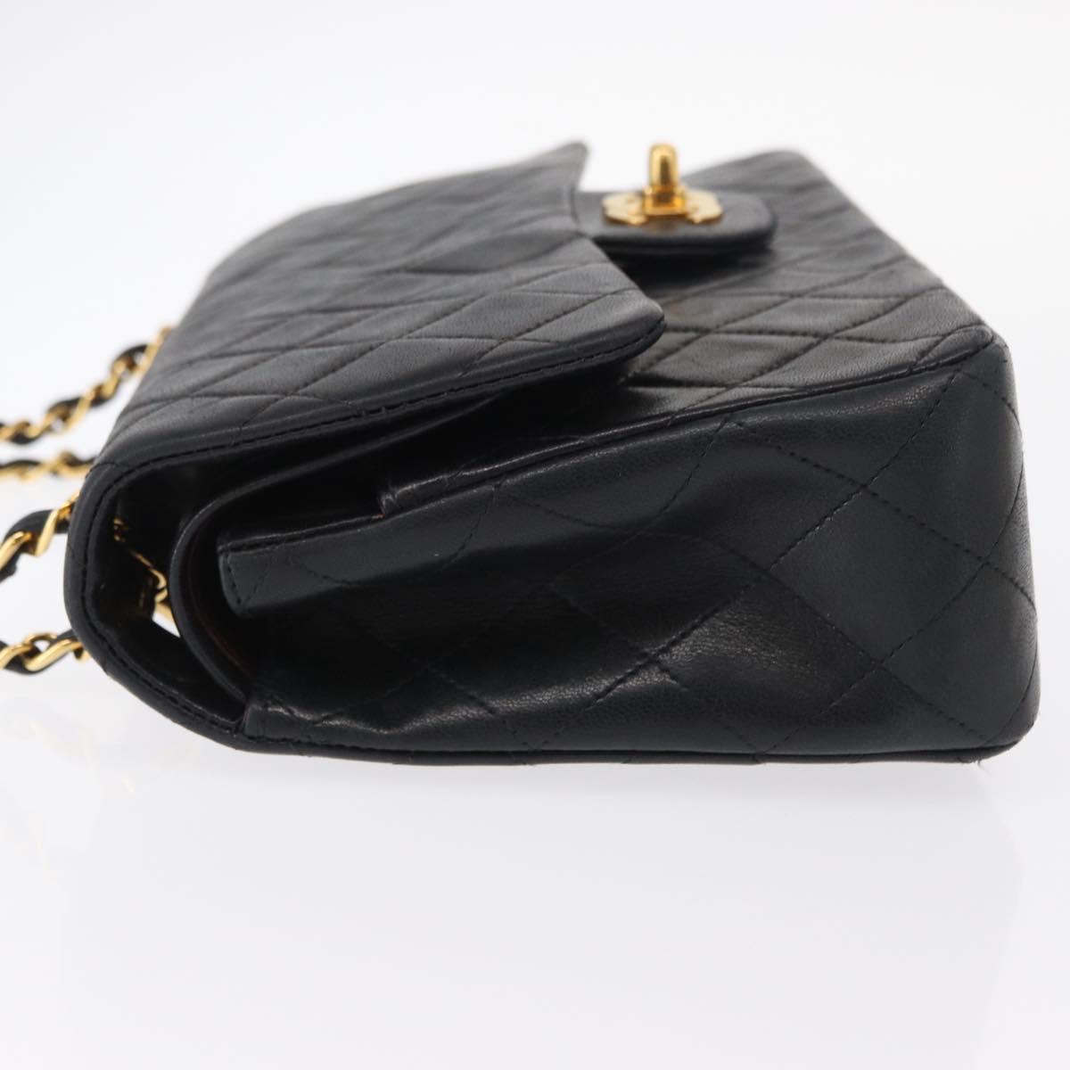 CHANEL Matelasse 25 Double Flap Chain Bag Lamb Skin Black Gold CC Auth ka695SV