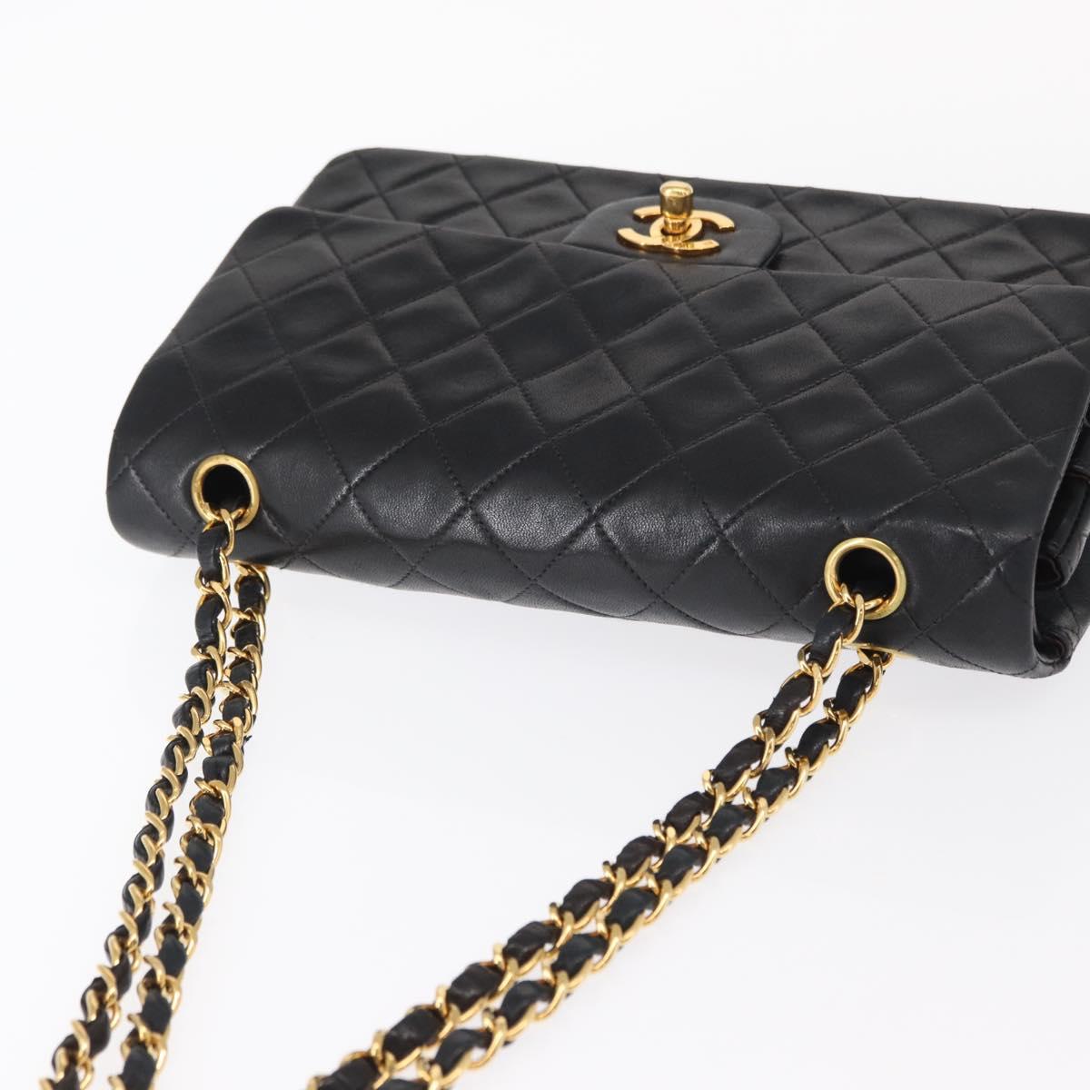 CHANEL Matelasse 25 Double Flap Chain Bag Lamb Skin Black Gold CC Auth ka695SV