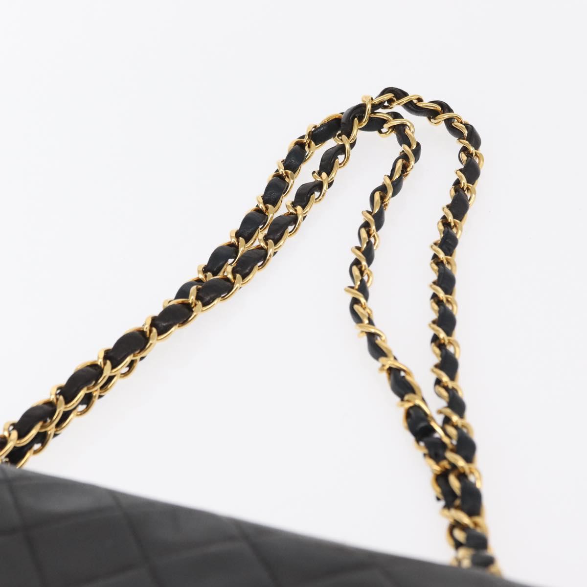 CHANEL Matelasse 25 Double Flap Chain Bag Lamb Skin Black Gold CC Auth ka695SV