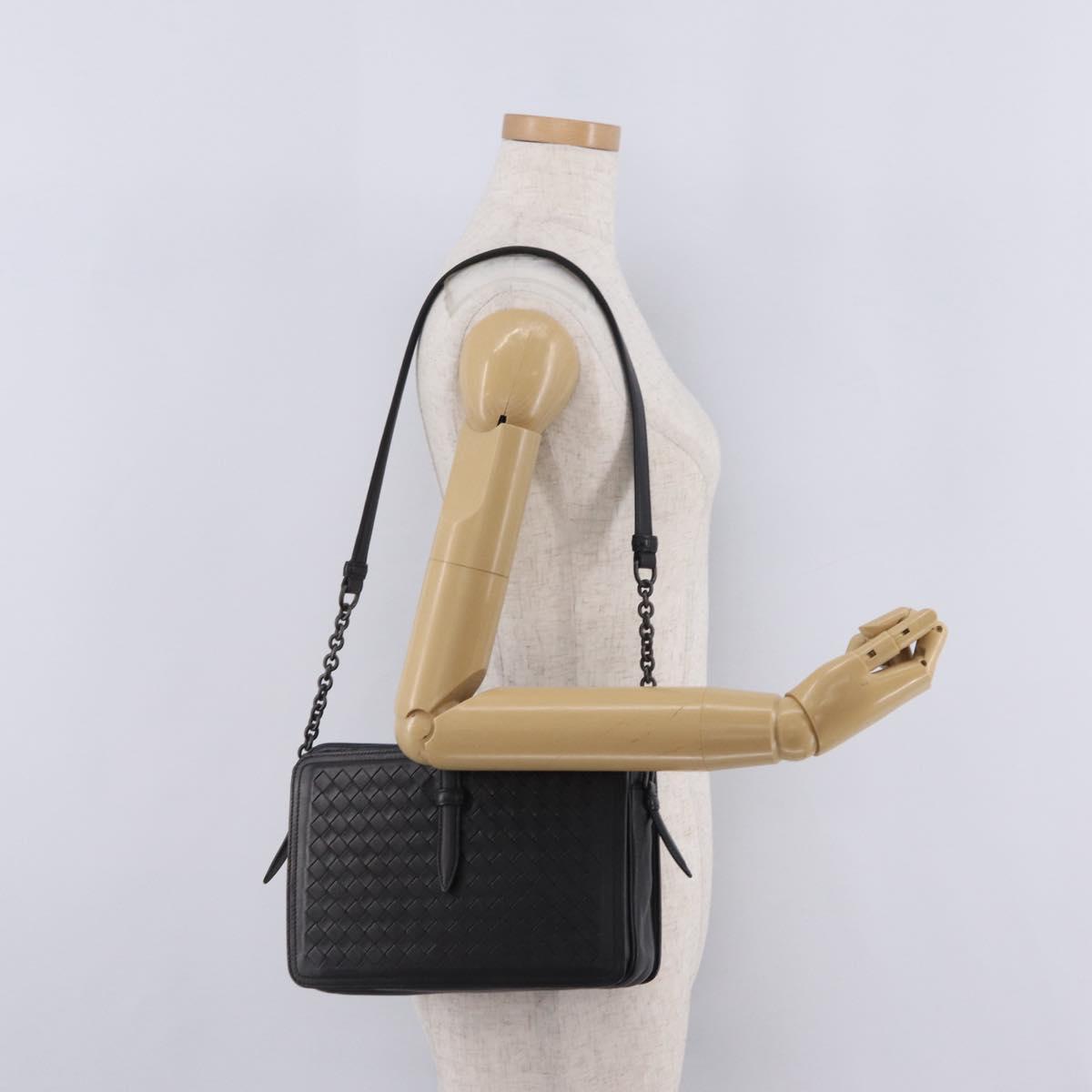 Bottega Veneta INTRECCIATO Chain Shoulder Bag Leather Black Auth ka6965V
