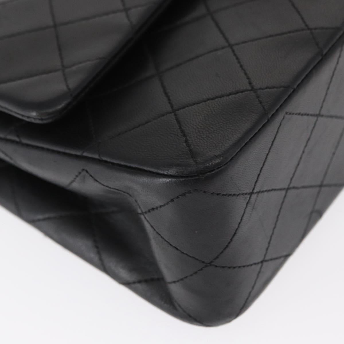 CHANEL Matelasse 25 Double Flap Chain Bag Lamb Skin Black Gold CC Auth ka696SV