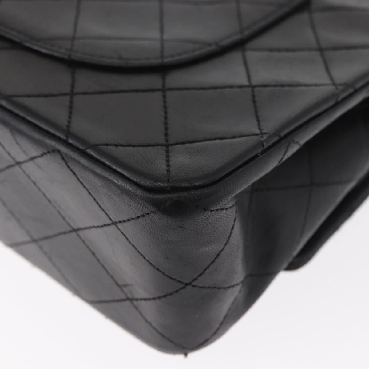 CHANEL Matelasse 25 Double Flap Chain Bag Lamb Skin Black Gold CC Auth ka696SV