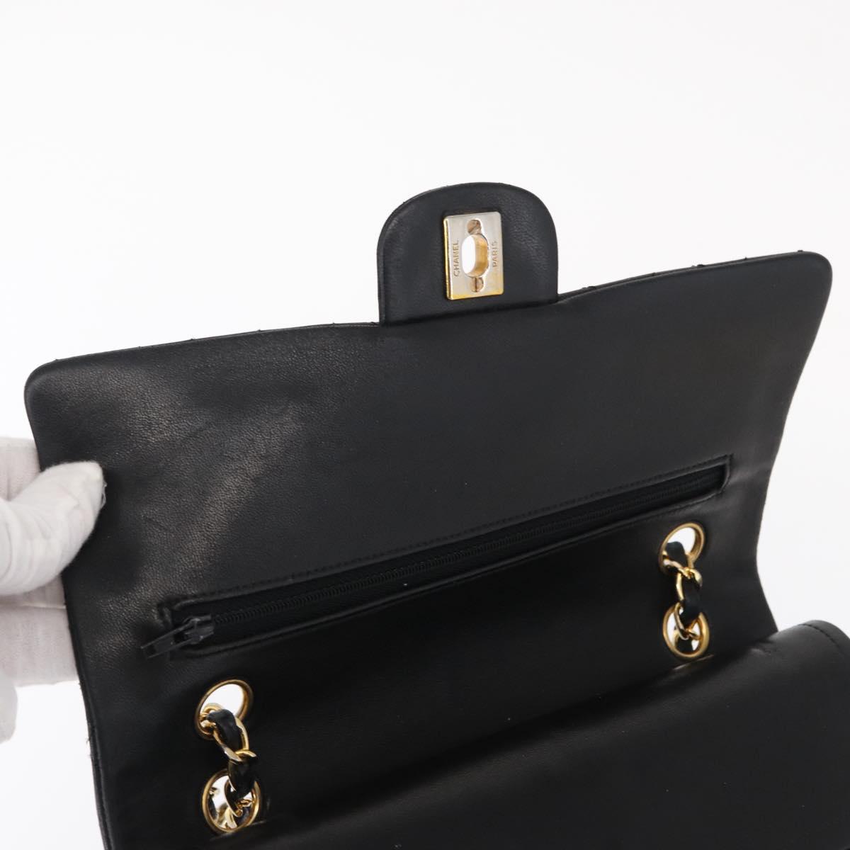 CHANEL Matelasse 25 Double Flap Chain Bag Lamb Skin Black Gold CC Auth ka696SV