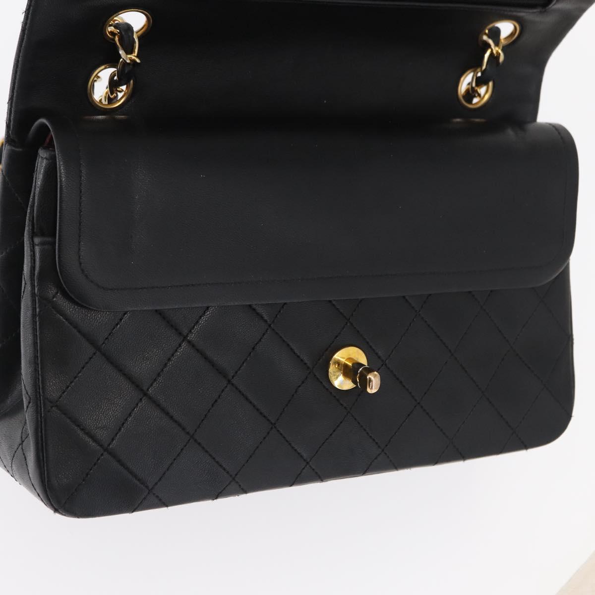 CHANEL Matelasse 25 Double Flap Chain Bag Lamb Skin Black Gold CC Auth ka696SV