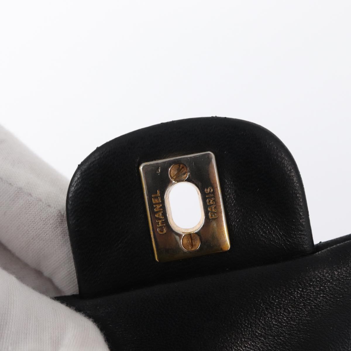 CHANEL Matelasse 25 Double Flap Chain Bag Lamb Skin Black Gold CC Auth ka696SV