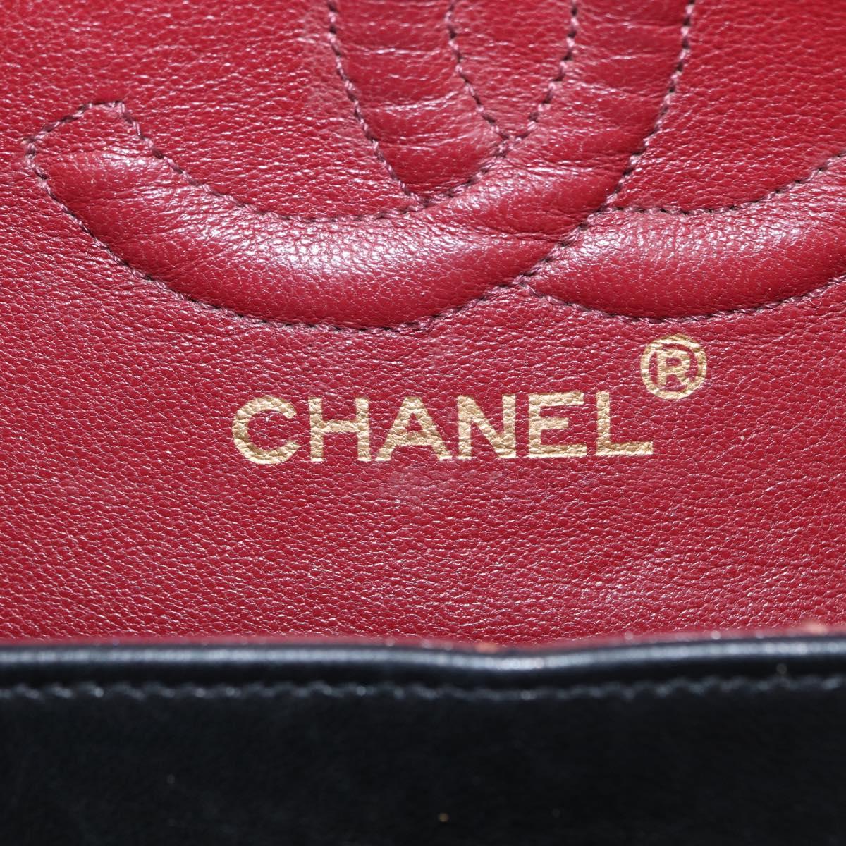 CHANEL Matelasse 25 Double Flap Chain Bag Lamb Skin Black Gold CC Auth ka696SV