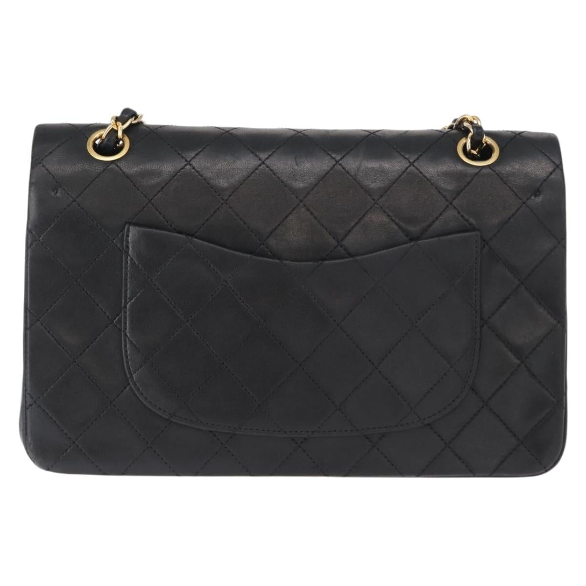 CHANEL Matelasse 25 Double Flap Chain Bag Lamb Skin Black Gold CC Auth ka696SV