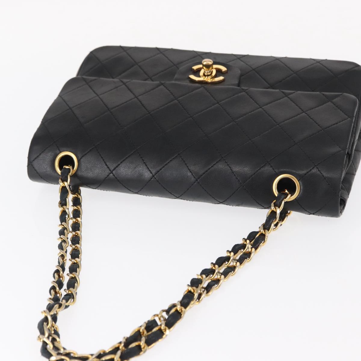 CHANEL Matelasse 25 Double Flap Chain Bag Lamb Skin Black Gold CC Auth ka696SV