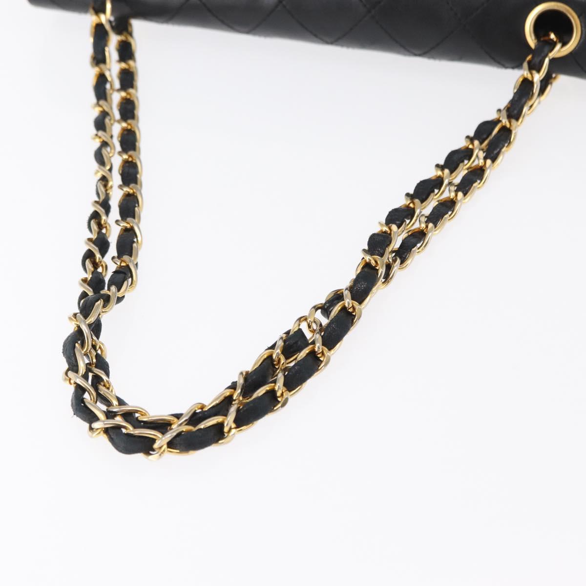 CHANEL Matelasse 25 Double Flap Chain Bag Lamb Skin Black Gold CC Auth ka696SV