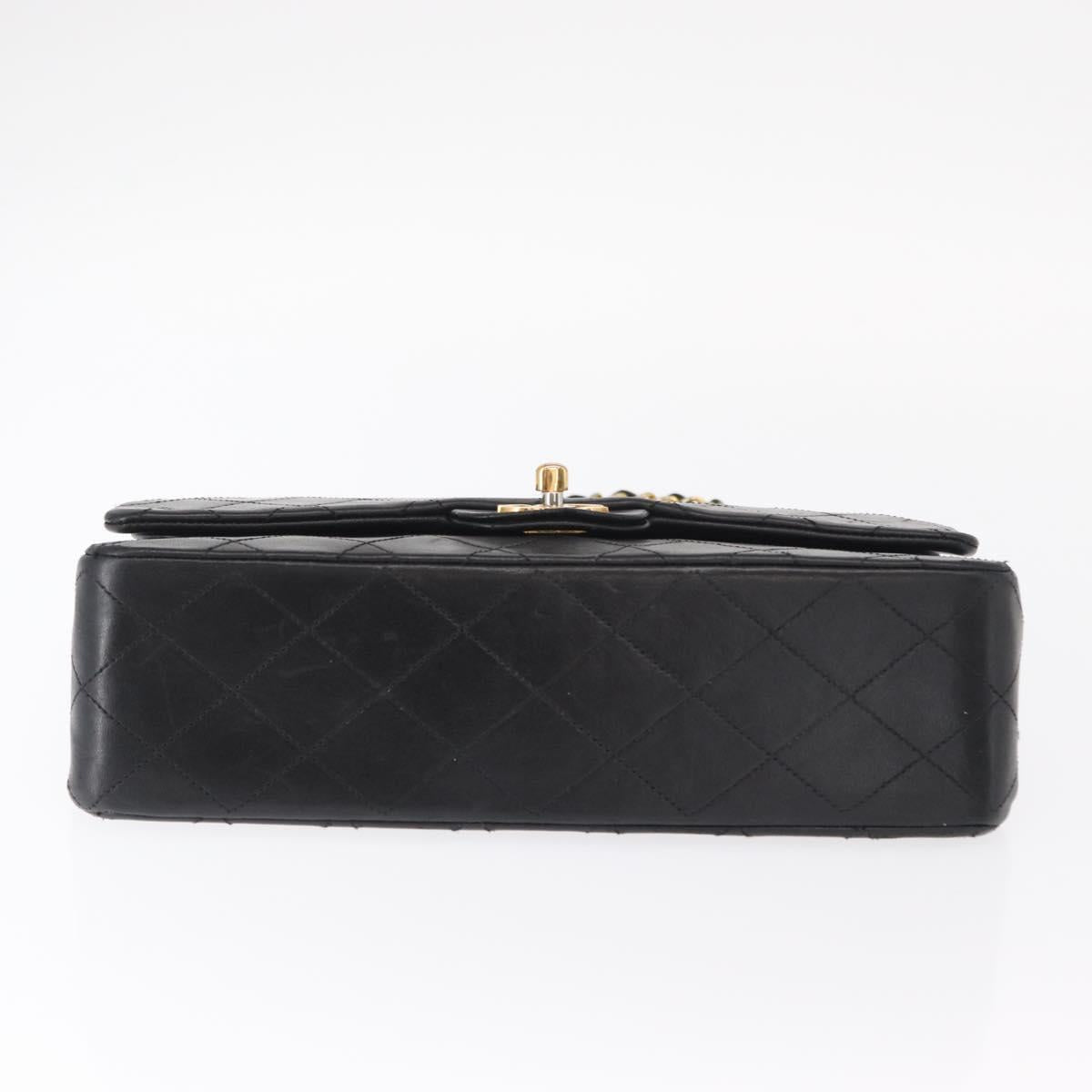CHANEL Matelasse 25 Double Flap Chain Bag Lamb Skin Black Gold CC Auth ka696SV