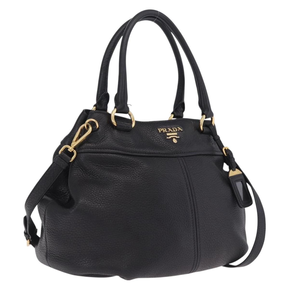 PRADA Hand Bag Vittero Dino Leather 2way Black Gold Auth ka6976A