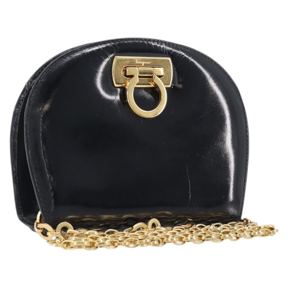 Salvatore Ferragamo Gancini Chain Bag Patent Leather Black Gold Auth ka6979