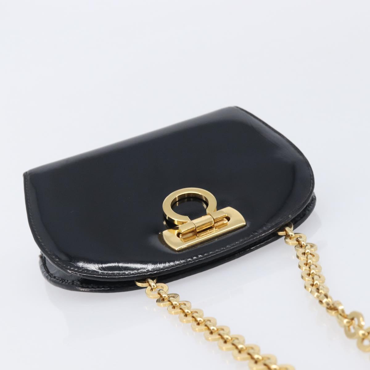 Salvatore Ferragamo Gancini Chain Bag Patent Leather Black Gold Auth ka6979