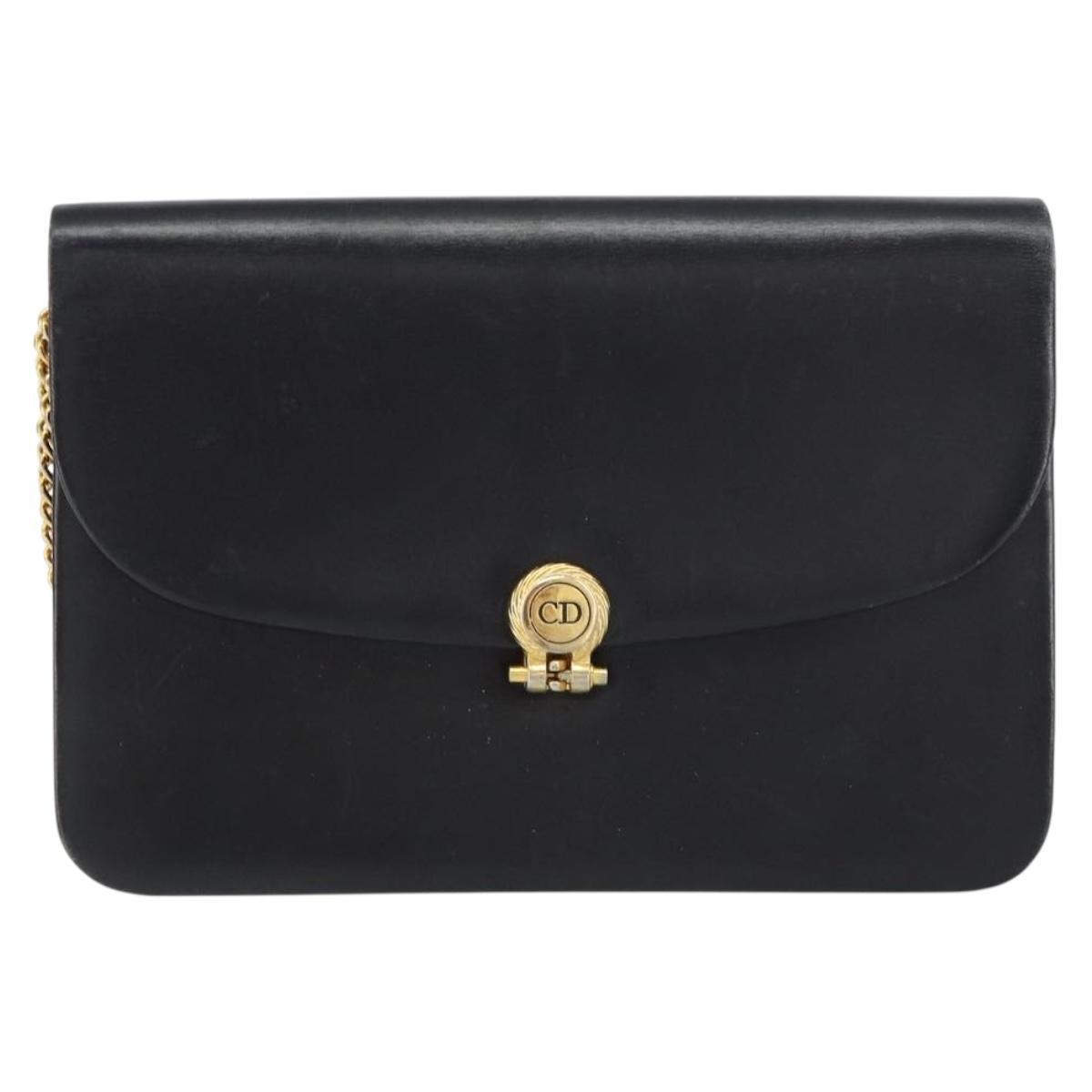 Christian Dior Chain Shoulder Bag Leather Black Gold Auth ka698