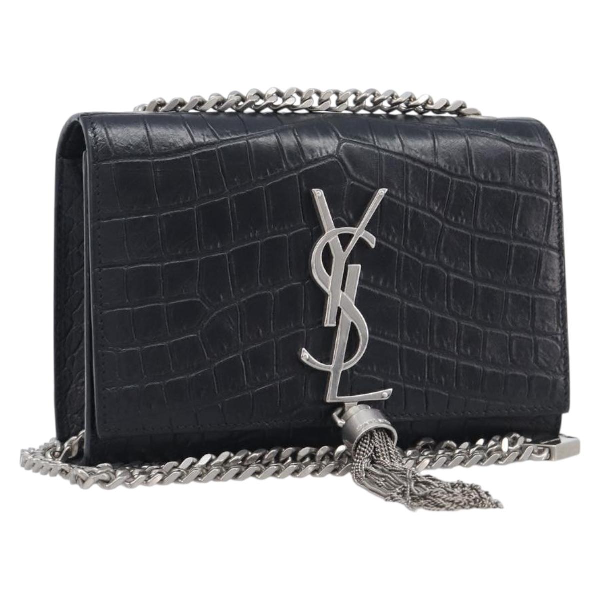 Saint Laurent Kate Chain Shoulder Bag Leather Black Silver Auth ka6981V