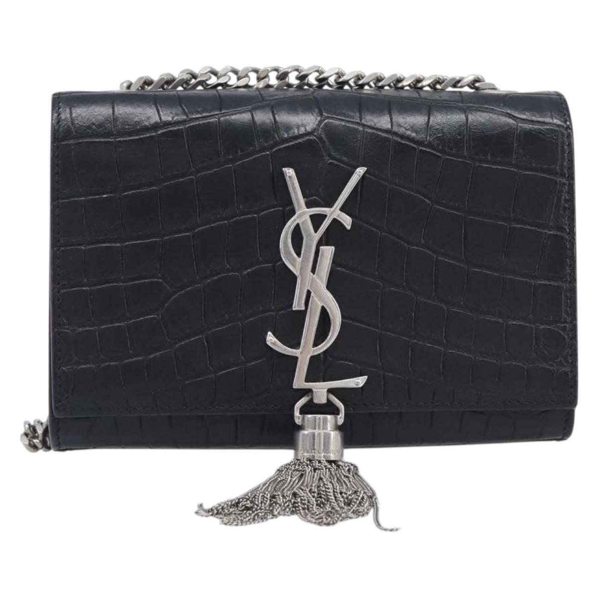 Saint Laurent Kate Chain Shoulder Bag Leather Black Silver Auth ka6981V