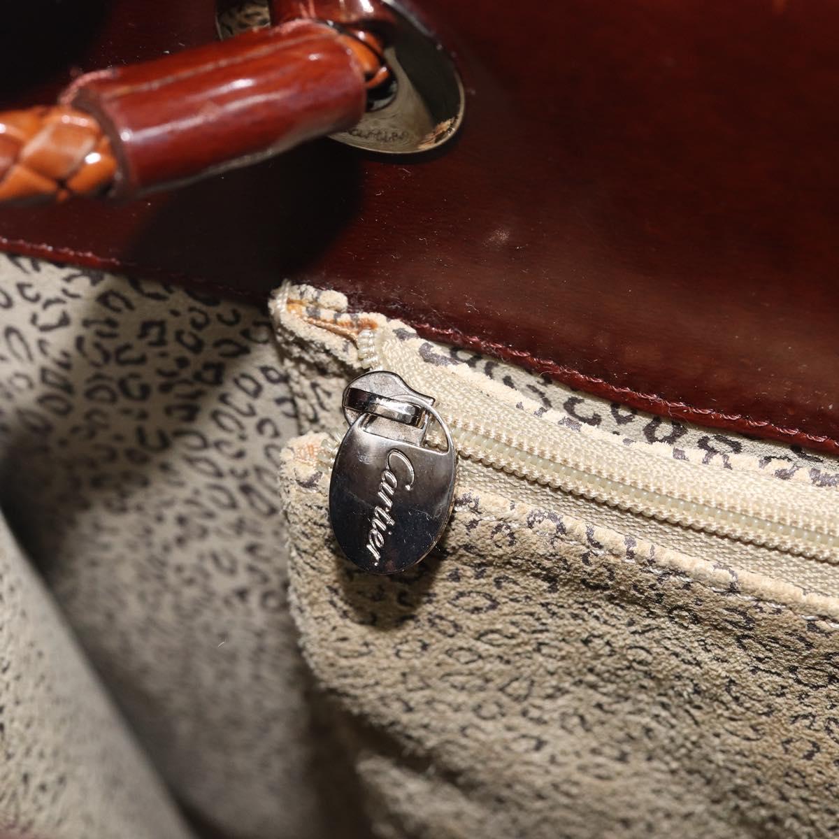 Cartier PANTHERE Tote Bag Patent Leather Brown Silver Auth ka6984A