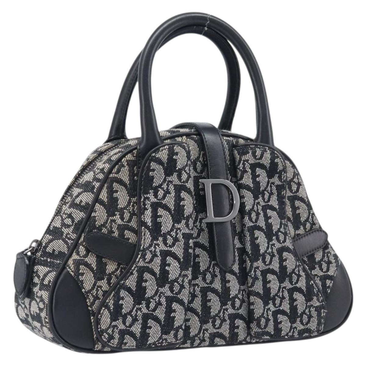 Christian Dior Trotter Canvas Double Saddle Hand Bag Black Silver Auth ka6987V