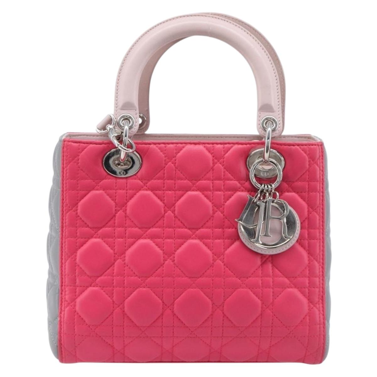 Christian Dior Lady Dior Hand Bag Lamb Skin 2way Pink Silver Auth ka6988SAM