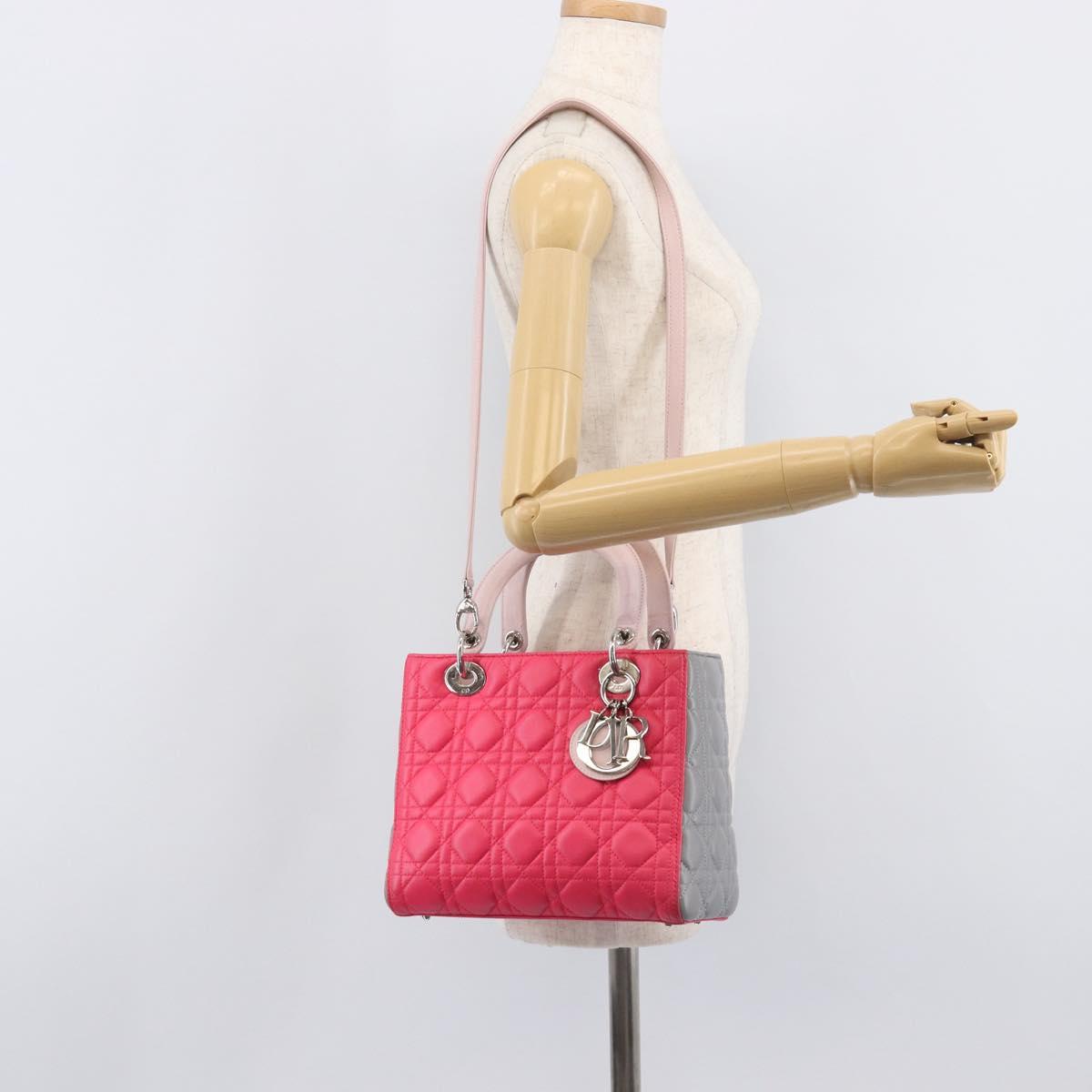 Christian Dior Lady Dior Hand Bag Lamb Skin 2way Pink Silver Auth ka6988SAM