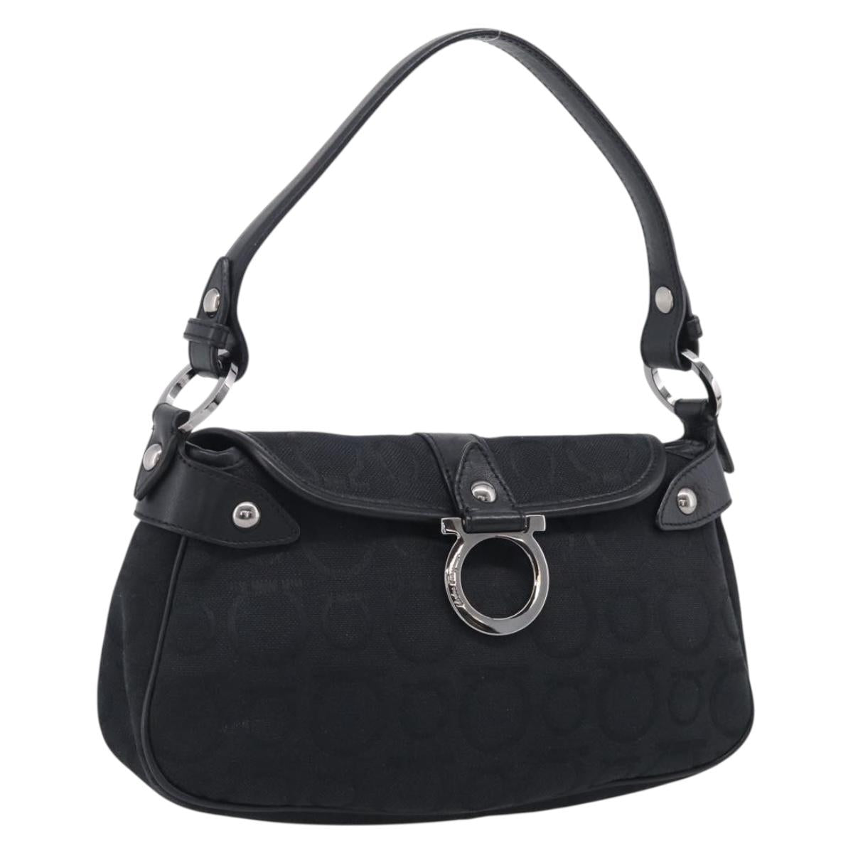 Salvatore Ferragamo Gancini Shoulder Bag Canvas Black Silver Auth ka6990A