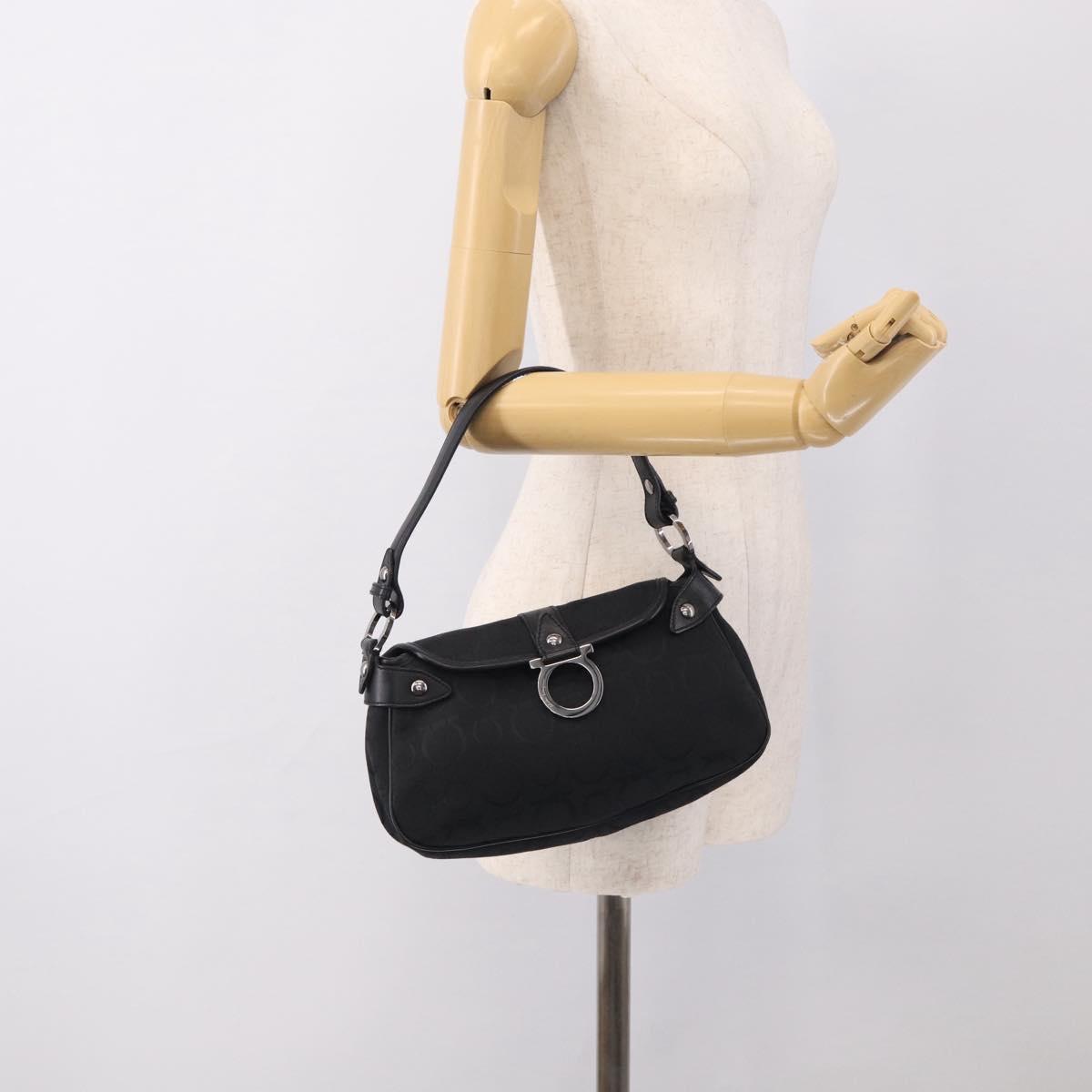 Salvatore Ferragamo Gancini Shoulder Bag Canvas Black Silver Auth ka6990A