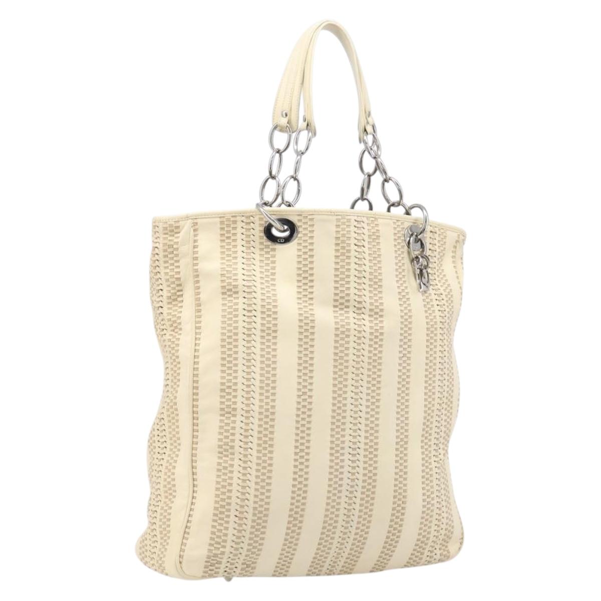Christian Dior Chain Tote Bag Leather Beige Silver Auth ka7002A