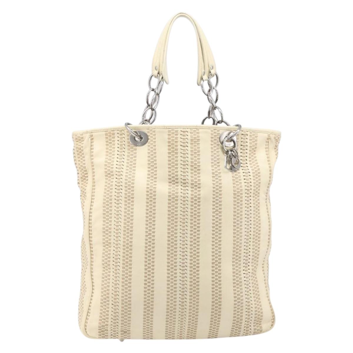 Christian Dior Chain Tote Bag Leather Beige Silver Auth ka7002A